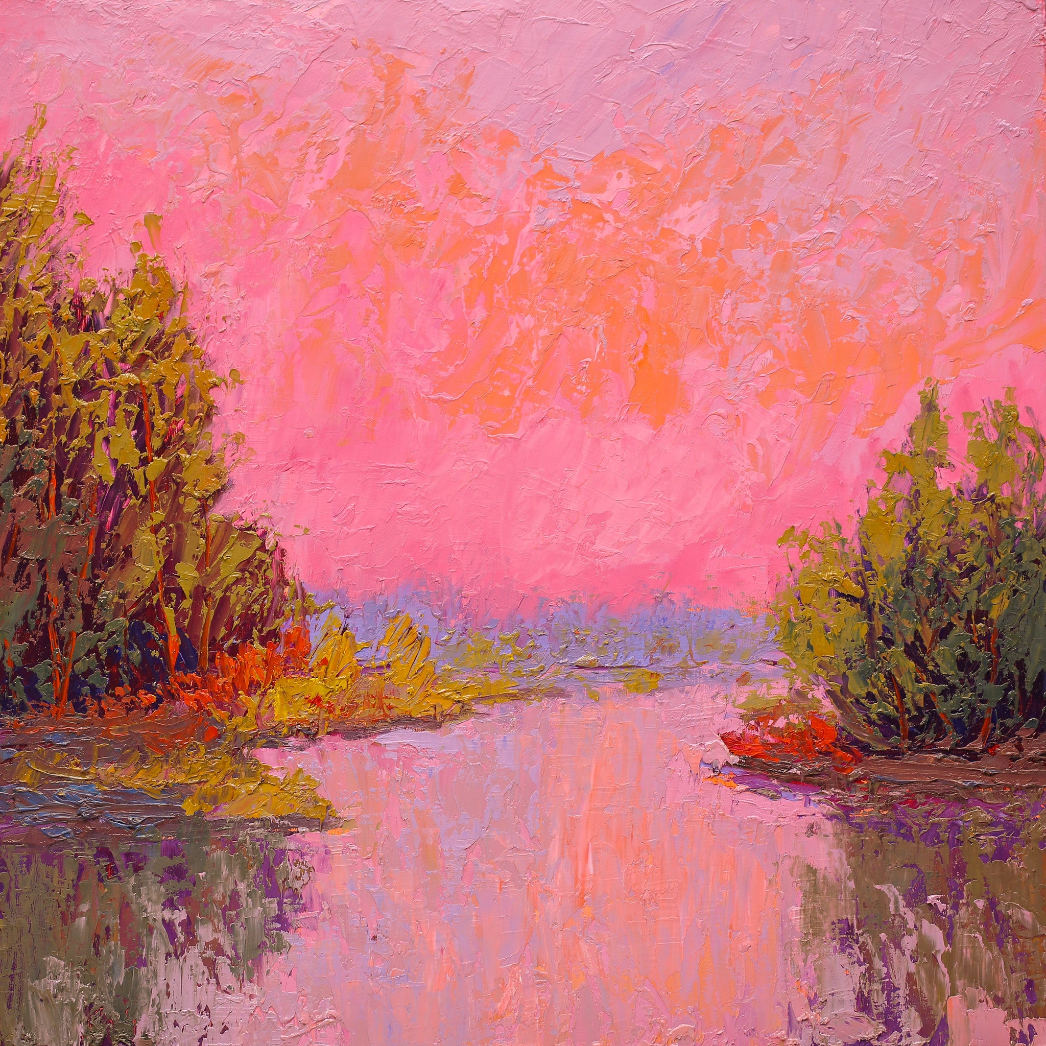 "Lakeside Pink Sky"    Kevin Liang 2018  Original oil on board with frame 18" x 18"