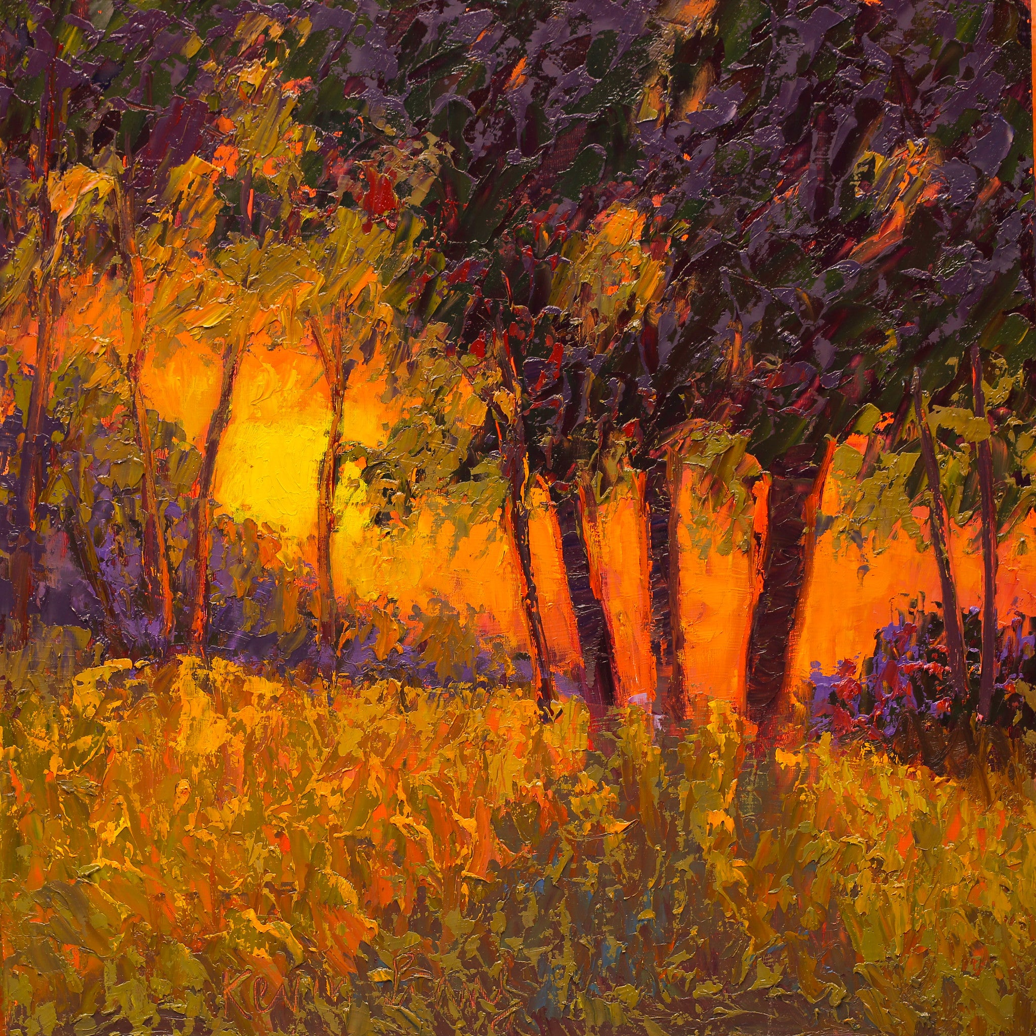 "Autumn Sunset"  Kevin Liang 2019  Original oil on board with frame 18" x 18"