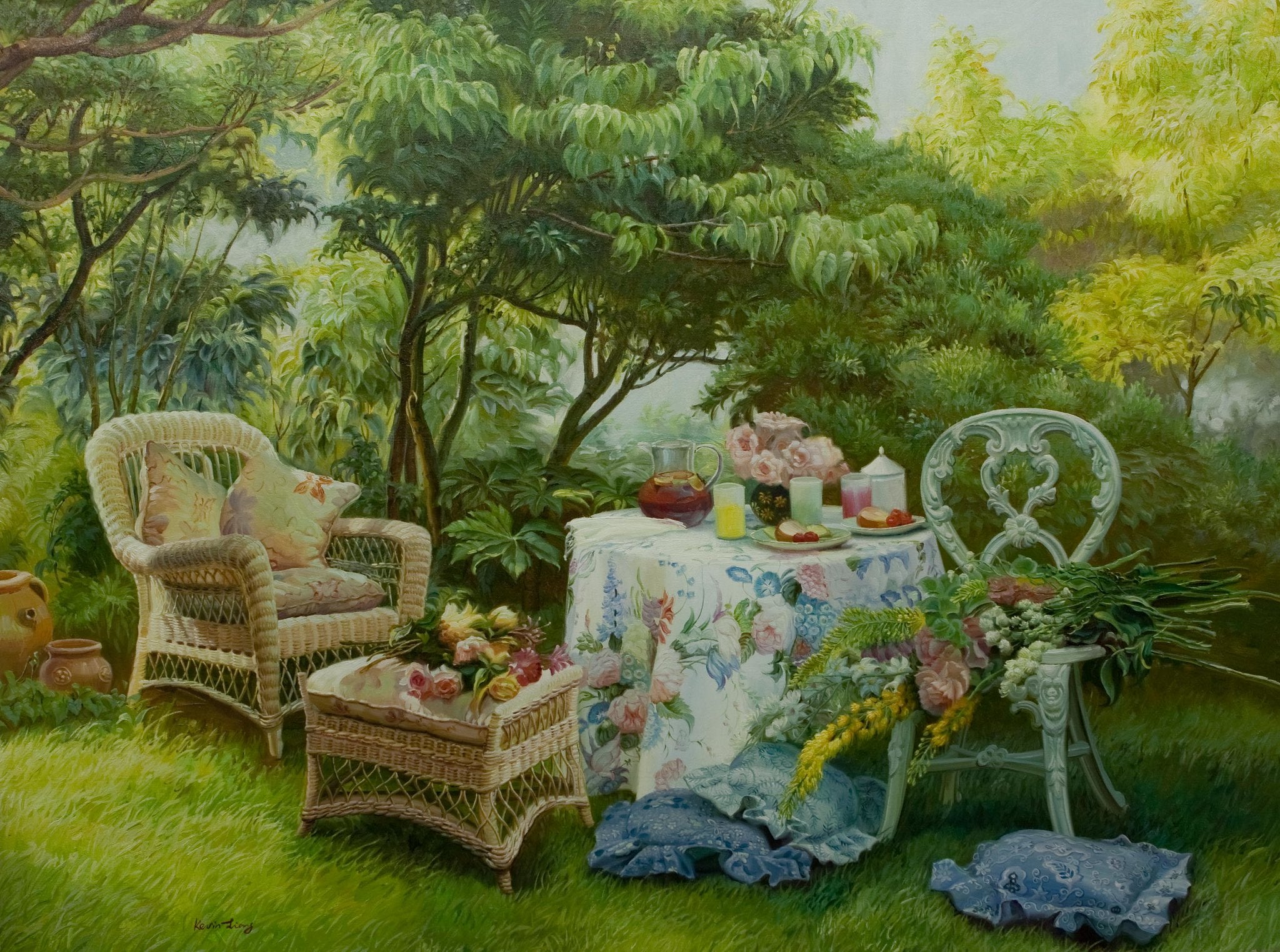 "Summer Garden"  Kevin Liang  2004  Original oil on canvas with frame 36" x 46".