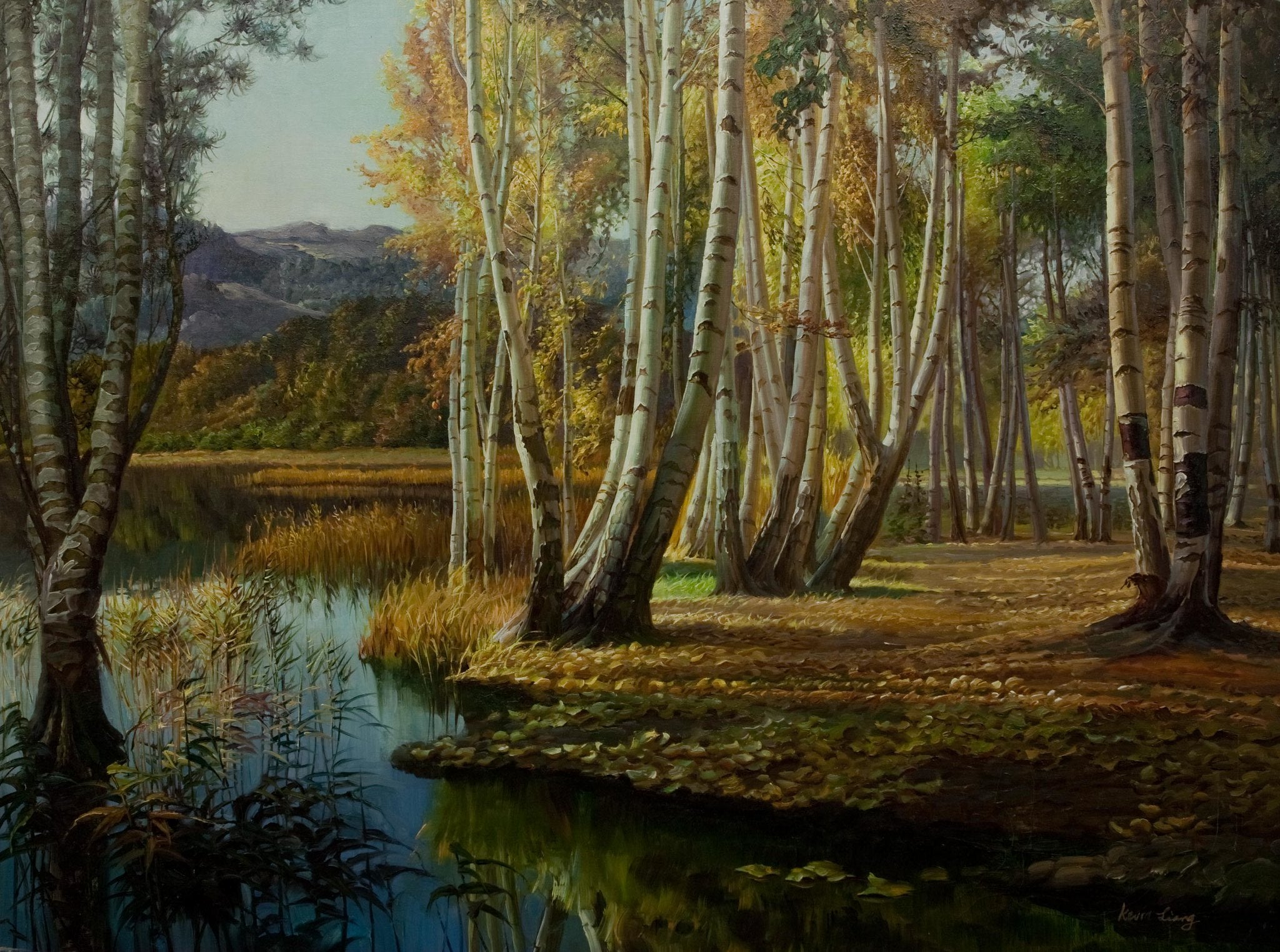 "Autumn Reflection"  Kevin Liang 2005  Original oil on canvas with frame 36" x 46".by Kevin Liang
